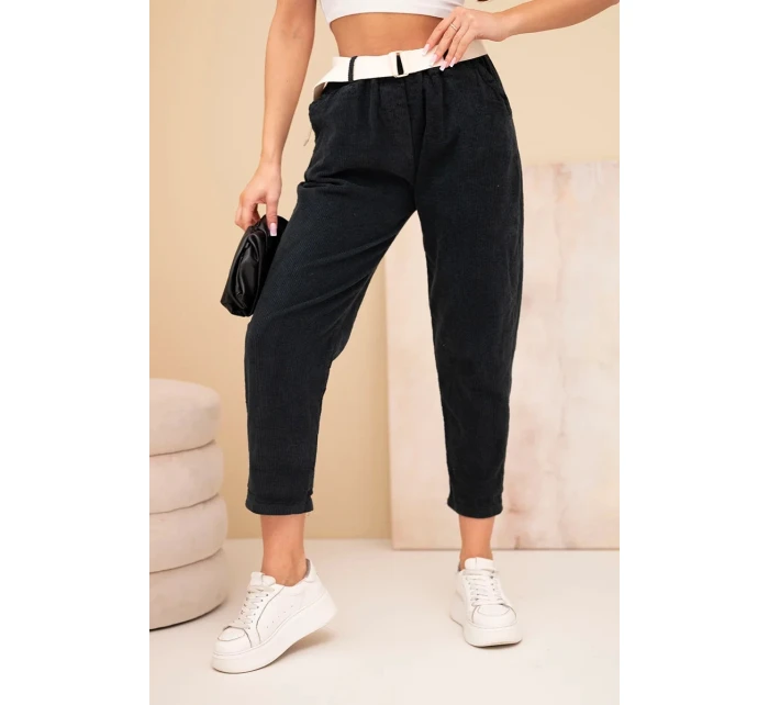 Dámske manšestrové nohavice s opaskom čierne Dámske manšestrové nohavice s opaskom čierne