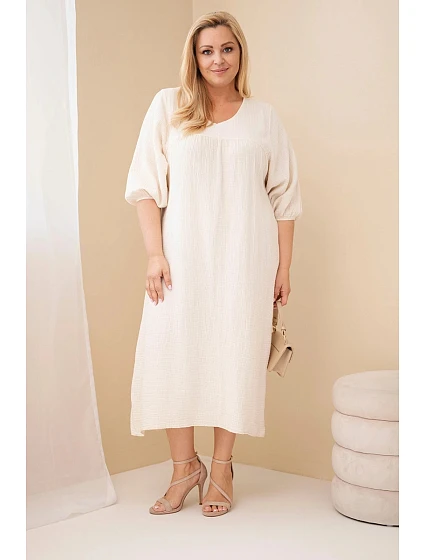 Dámské šaty Plus Size z bavlněného mušelínu s výstřihem do V béžová