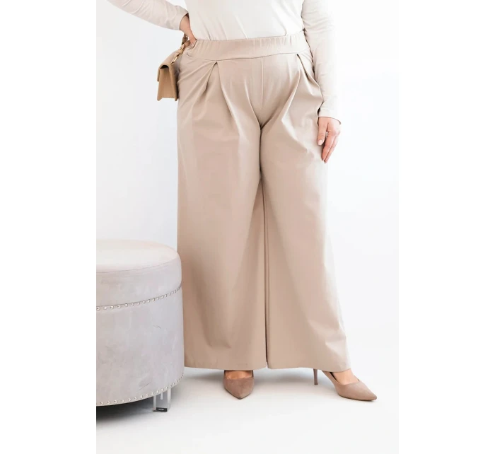 Dámske plus veľkosť široké nohavice s líhaním tmavá béžová