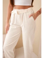 Dámske šnúrové nohavice s opaskom svetlo béžové