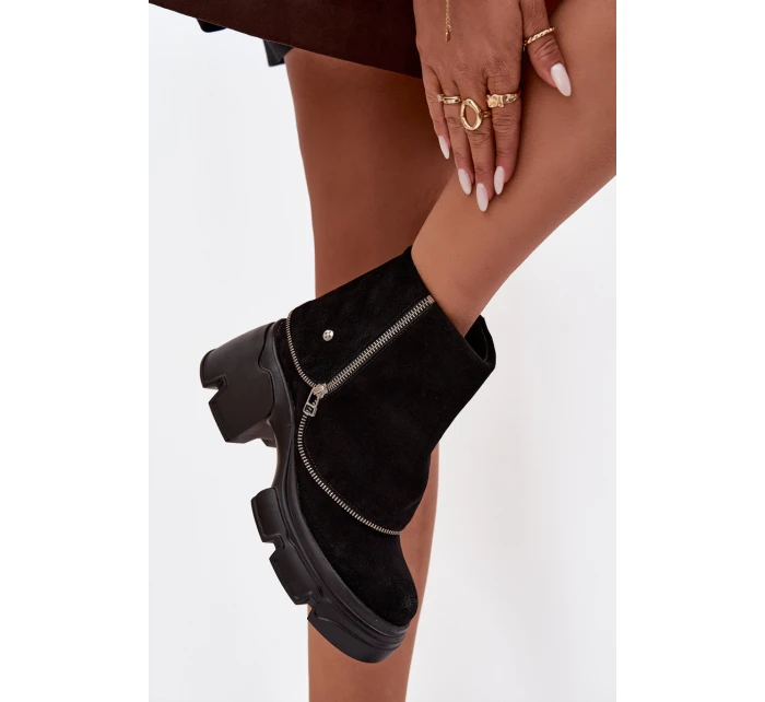 Skórzane Botki Damskie Z Wywiniętą Cholewką Maciejka 07145-01 Czarne