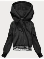 Krátka čierna dámska tepláková mikina so sťahovacími lemami (26030)