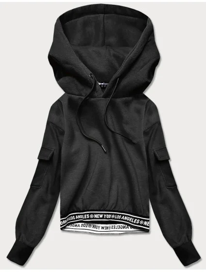 Krátka čierna dámska tepláková mikina so sťahovacími lemami (26030)