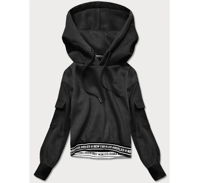 Krátka čierna dámska tepláková mikina so sťahovacími lemami (26030)