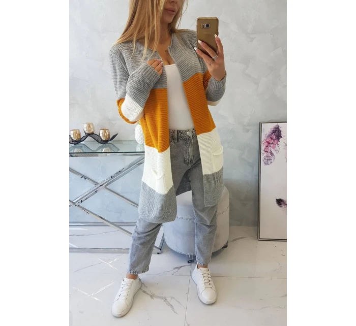 Šedý+horčičný pruhovaný sveter