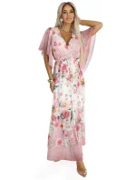 603-4 Vzdušné maxi šaty s obálkovým výstrihom a kvetinovým vzorom - PINK Roses 603-4 Vzdušné maxi šaty s obálkovým výstrihom a kvetinovým vzorom - PINK Roses