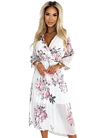 Dámské plisované midi šaty s výstřihem, opaskem a se vzorem růží na pozadí model 22121293 - numoco basic