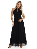 Elegantní maxi večerní šaty na ramínka s a zavazováním v pase černé model 21961746 - numoco basic
