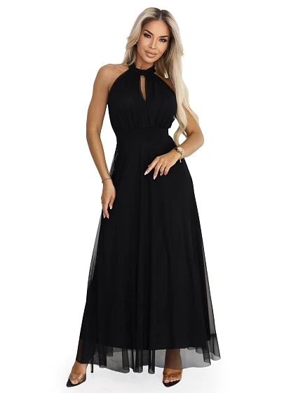 Elegantní maxi večerní šaty na ramínka s a zavazováním v pase černé model 21961746 - numoco basic