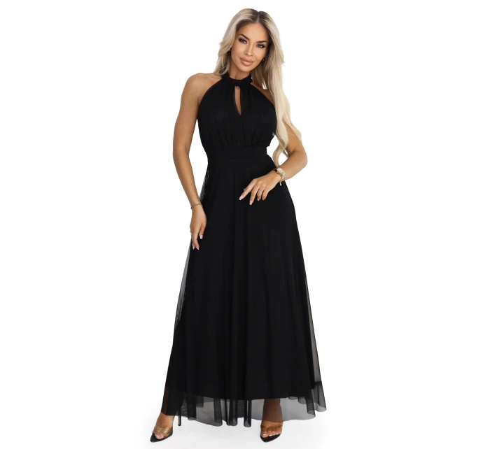 Elegantní maxi večerní šaty na ramínka s a zavazováním v pase černé model 21961746 - numoco basic
