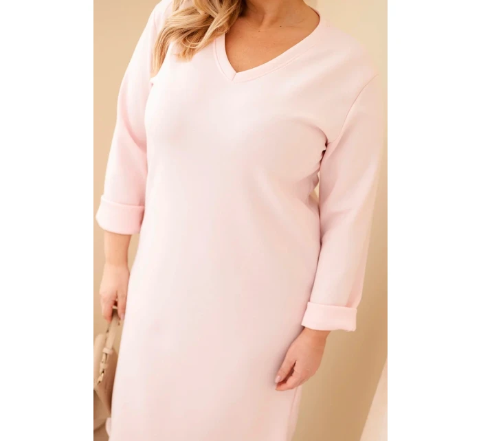 Šaty dámské Plus Size máslové s výstřihem do V a rukávem pudrově růžová