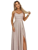 589-4 Dlhé šaty s jemnými trblietkami a korzetovým viazaním vzadu - béžovo-ružové s trblietkami