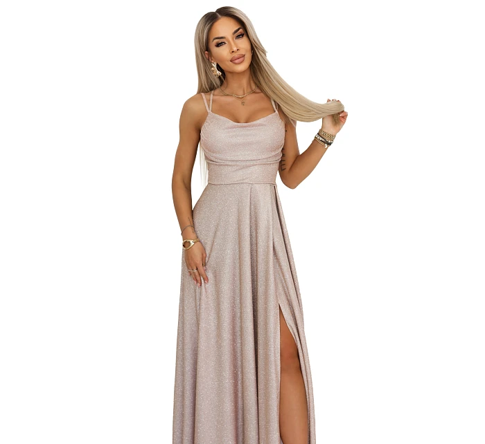 589-4 Dlhé šaty s jemnými trblietkami a korzetovým viazaním vzadu - béžovo-ružové s trblietkami