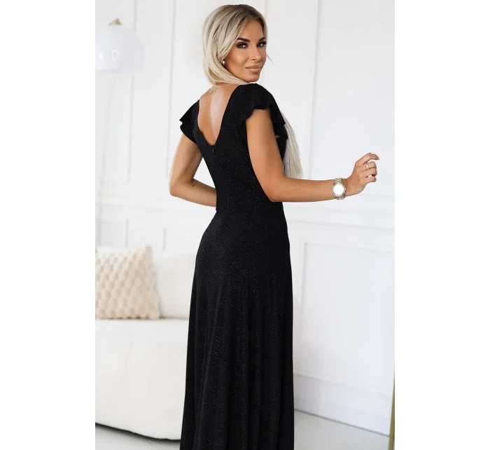 411-12 CRYSTAL lesklé dlhé šaty s výstrihom - BLACK 411-12 CRYSTAL lesklé dlhé šaty s výstrihom - BLACK