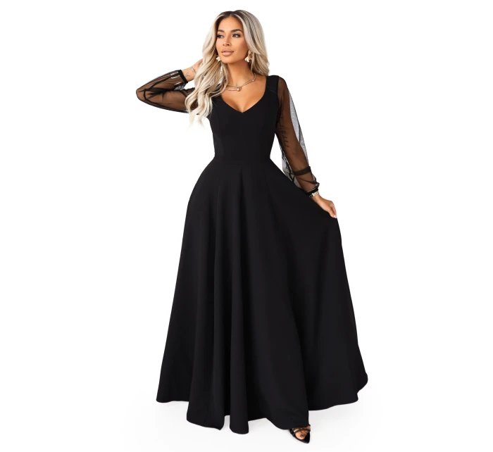 LORETTA dlouhé šaty s rukávy a výstřihem černé model 21791763 - numoco