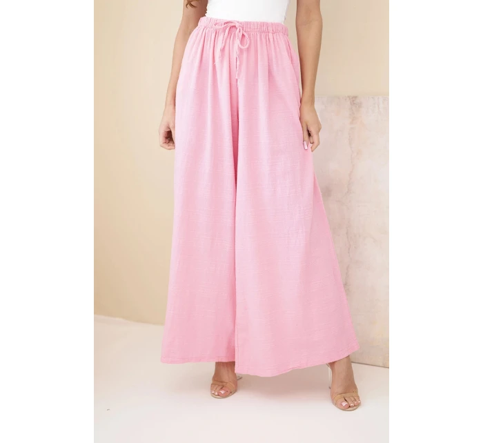 Dámské široké bavlněné kalhoty s gumou v pase cukrově růžová