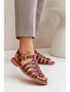 Skórzane Sandały Na Płaskim Obcasie Zazoo 3686 Brązowe