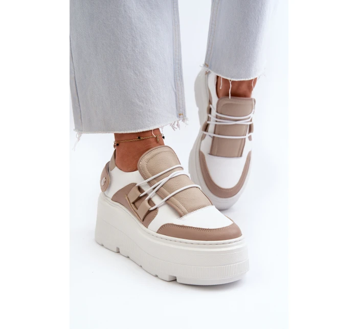 Zazoo 1833 Sneakersy Damskie Skórzane Na Masywnej Podeszwie Beżowo-Białe