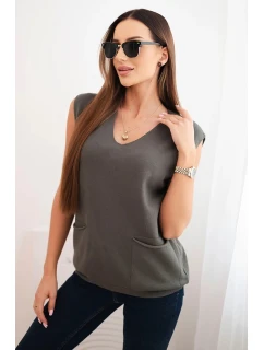 Dámský viskózový svetr bez rukávů s kapsami a výstřihem do V khaki