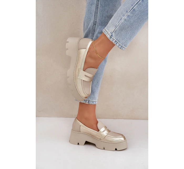 Skórzane Mokasyny Damskie Na Platformie I Płaskim Obcasie Zazoo 20191 Złote