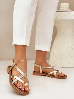 Skórzane Płaskie Sandały Z Przeplatającymi Się Paseczkami Zazoo 40429 Złote