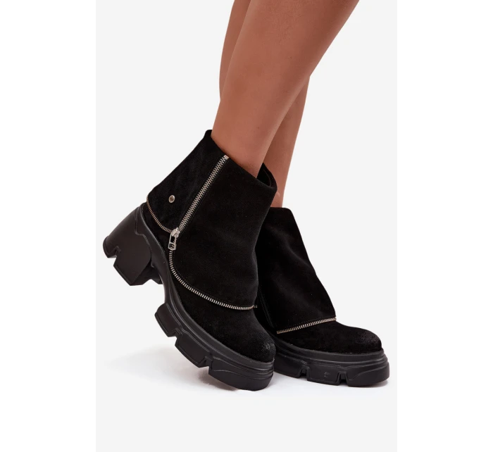 Skórzane Botki Damskie Z Wywiniętą Cholewką Maciejka 07145-01 Czarne