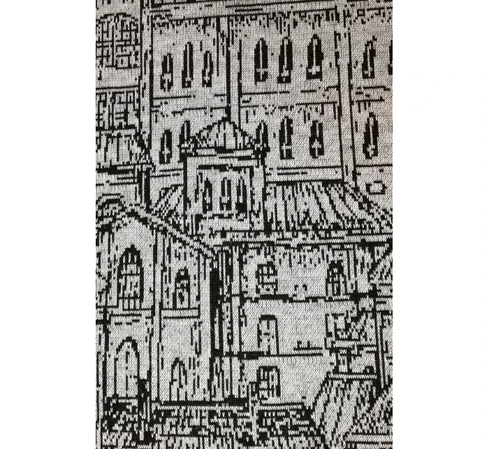 Teplý dámsky prehoz s kapucňou, vreckami a vzorom "mesto" model 6376504