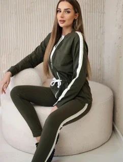 Dámska bavlnená súprava s pruhmi a sťahovacou šnúrkou na spodnom okraji v khaki farbe