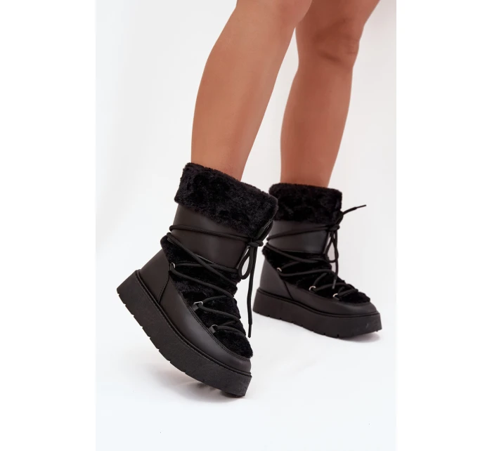 Dámske snežnice na platforme s kožušinou a šnurovaním Marinna - čierne Dámske snežnice na platforme s kožušinou a šnurovaním Marinna - čierne