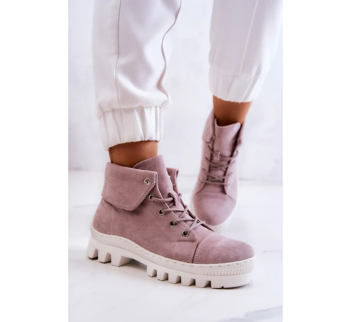Zamszowe Botki Trapery Wiązane Jasnofioletowe Dalles