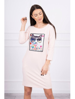 Šaty s mačacou grafikou 3D púdrovo ružové