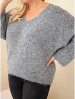 Dámský svetr Plus Size s výstřihem do V a širokým rukávem šedý