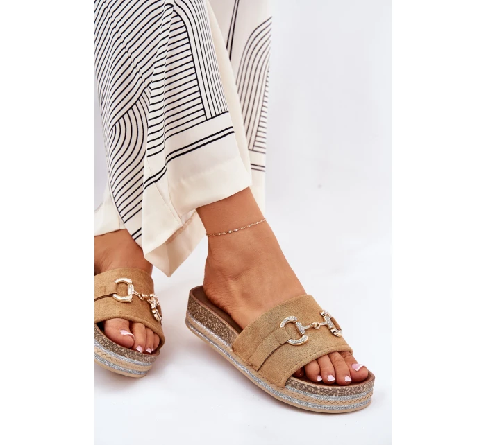 Klapki Damskie Na Platformie Ze Złotą Ozdobą I Brokatem Camel Morisela