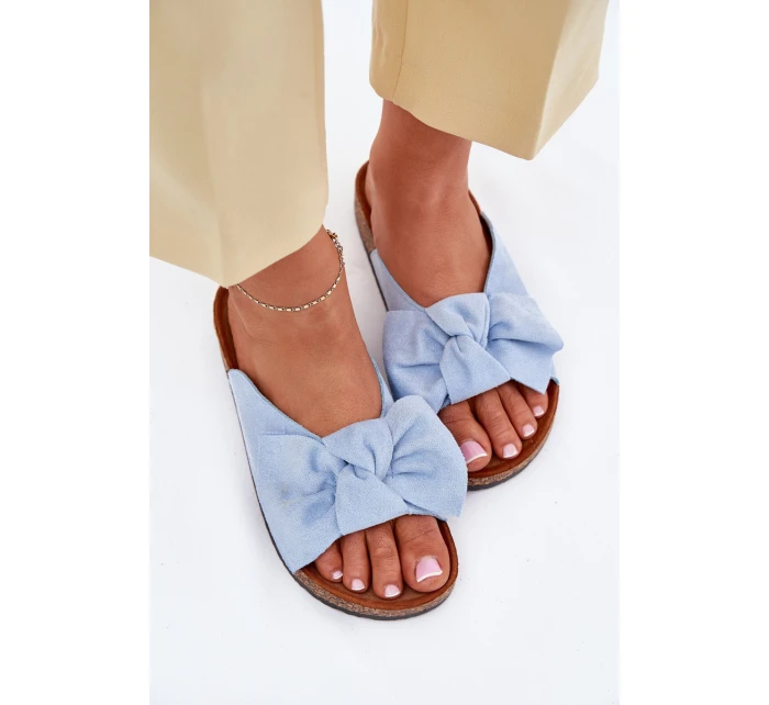 Klapki Damskie Na Korkowej Podeszwie Kokardką Niebieskie Seressa Klapki Damskie Na Korkowej Podeszwie Kokardką Niebieskie Seressa