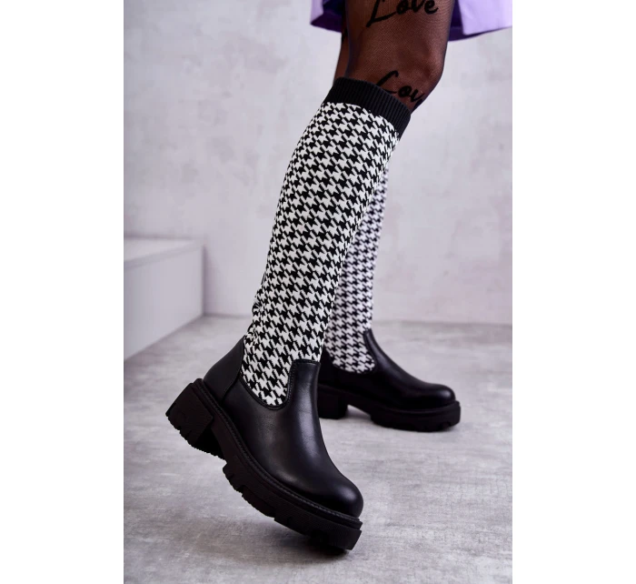 Damskie Kozaki Skarpetkowe W Pepitkę Czarno-Białe Avira Damskie Kozaki Skarpetkowe W Pepitkę Czarno-Białe Avira