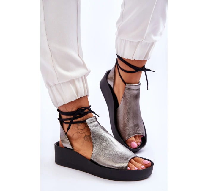 Skórzane Sandały Na Koturnie Nicole 2743/063 Srebrno-Czarne