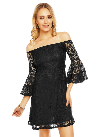 Čipkované dámske šaty s lodičkovým výstrihom a širokými rukávmi čierne - Čierna - MAYAADI