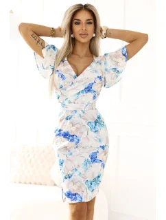 Šaty NINA s obálkovým výstřihem, rukávy a páskem MODRÉ model 21052938 - numoco