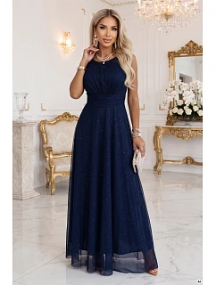 dlouhé maxi šaty s tylem a kulatým výstřihem – tmavě modré model 22275586 - numoco basic