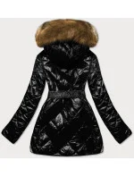 Čierno-hnedá lesklá zimná bunda s machovou kožušinovou podšívkou (w756)