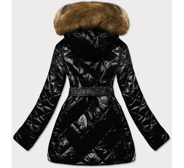 Čierno-hnedá lesklá zimná bunda s machovou kožušinovou podšívkou (w756)