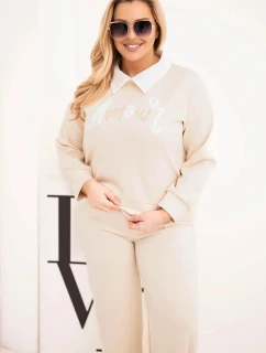 Dámská souprava model 21924584 Plus Size s širokými nohavicemi a límečkem béžová - K-Fashion