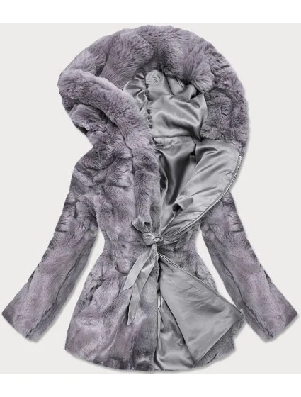 Dámska šedá bunda - kožúšok s kapucňou (BR9743-9)