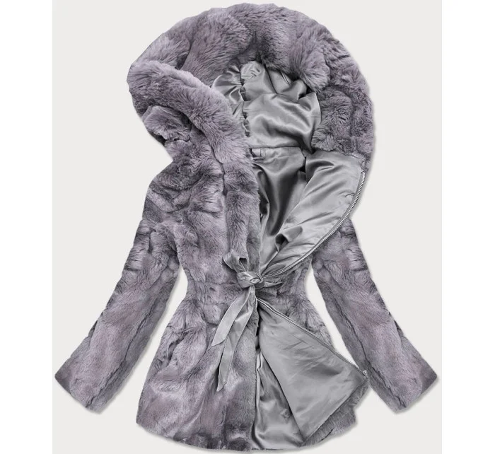 Dámska šedá bunda - kožúšok s kapucňou (BR9743-9)