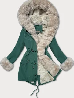 Dámská bunda parka v tmavě mátové barvě s kožešinovou podšívkou model 21248922 - WAY MODE