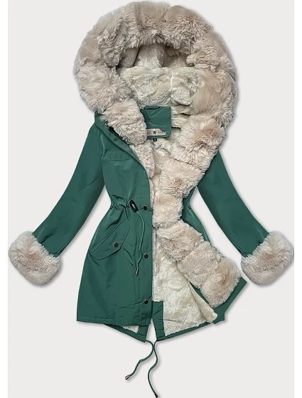 Dámská bunda parka v tmavě mátové barvě s kožešinovou podšívkou model 21248922 - WAY MODE Dámská bunda parka v tmavě mátové barvě s kožešinovou podšívkou model 21248922 - WAY MODE