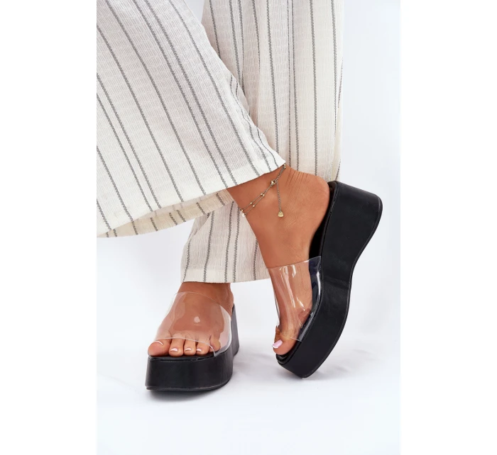 Klapki Damskie Z Transparentnym Paskiem Na Koturnie Czarne Meltiana