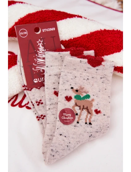 Dámské vánoční ponožky s sobem a srdíčky vlněná alpaka šedá