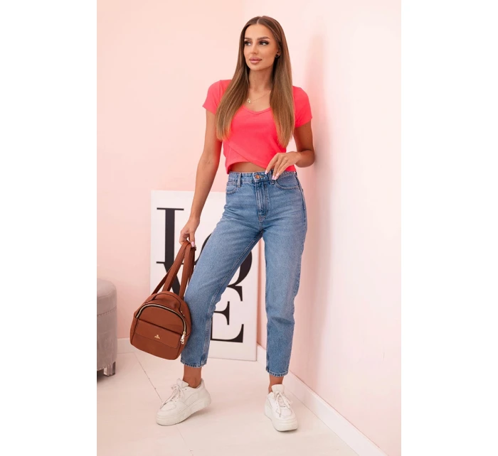 Dámská pruhovaná blůza s V výstřihem a krátkým rukávem neonově růžová