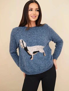 Dámský svetr s motivem model 22354209 a kulatým výstřihem džíny modrý - K-Fashion